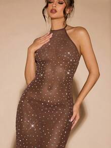 SHEIN BAE 纯色裸色精致水钻优质网眼迷人派对舞会礼服露背领透明长裙，适合舞会、派对、夜总会、夏季、女士 - 咖啡棕 - 查看 6