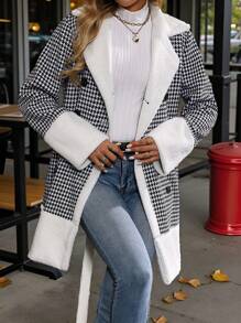 SHEIN Clasi 女士秋冬经典千鸟格双排扣加垫大衣 - 黑與白 - 查看 2