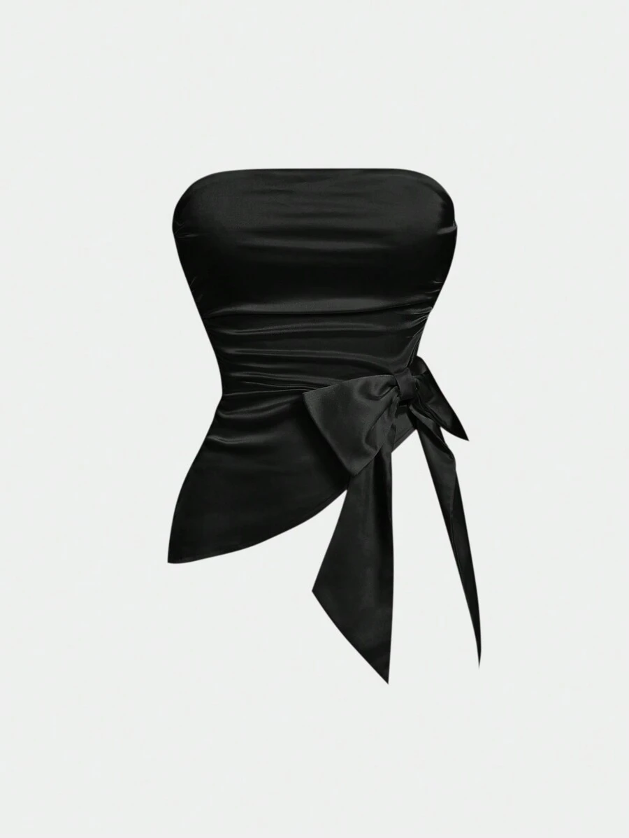 SHEIN MOD Women's Solid Color Ruched Bandeau Crop Top With Bow,Satin,Elegant - Black - View 1