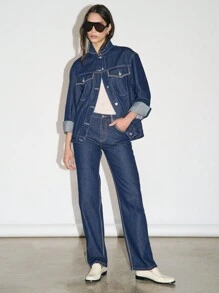 AiiRZ Buttoned Pocket Detail Denim Jacket And Straight Leg Jeans Two Piece Co-Ord Set - Blue - View 6