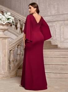 SHEIN Belle Vestido Sereia Stretch de Malha com Decote V Grande nas Costas, Mangas Bufantes com Aplicações, Elegante e Romântico na Cor Borgonha, Adequado para Casamentos, Festas, Vestidos de Dama de Honra, Vestido de Manga Longa, para o Dia dos Namorados - Vinho - Visão 5