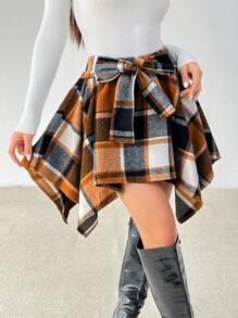 SHEIN PETITE Falda mini con lazo delantero a cuadros para mujer, uso diario casual - Marrón - Ver 4