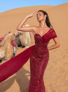 Faeriesty Đầm dạ hội và đầm dự tiệc cưới sang trọng, lệch vai, xếp ly, đính sequin và hạt cườm, kiểu dáng thanh lịch. - Màu Đỏ Sâu - Xem 7