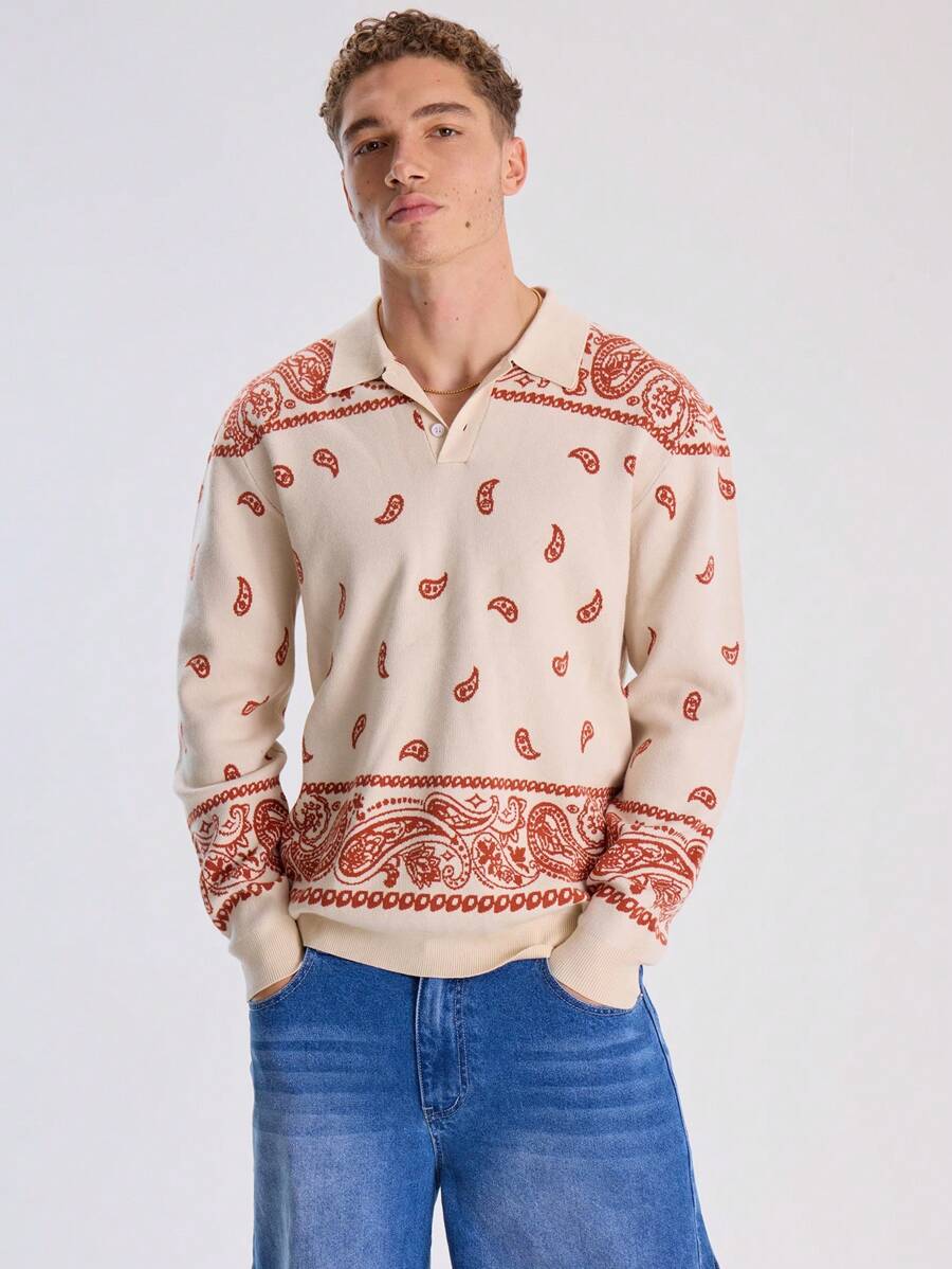 Musero Men Paisley Pattern Polo Collared Sweater - Multicolor - View 1