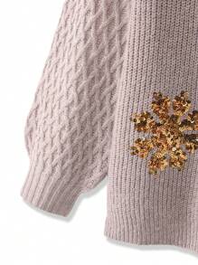 SHEIN LUNE Women's Plus Solid Color Knit Sequin Snowflake Embroidered Long Sleeve Loose Pullover Sweater For Commuting, Autumn/Winter Knit Pullover Fall - Khaki - View 4