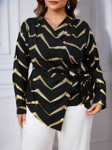 SHEIN Privé Blouse asymétrique à rayures métalliques et col V avec attache pour femmes grande taille, convient pour les rendez-vous, les fêtes et les sorties - Multicolore - Voir 6