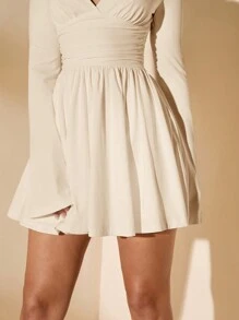 SHEIN BAE 1pc Women's Solid Color White Minimalist V-Neck Long Sleeve Ruffle Cuff Bodycon Mini Dress, Elegant And Sexy For Daily Wear - Apricot - View 8