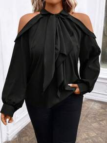 SHEIN Clasi 大码优雅纯色露肩系带领衬衫，秋季女式衬衫