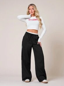 SHEIN SXY Quần áo mùa thu cho phụ nữ; Quần áo công sở cho phụ nữ; Quần áo mùa thu đông lạnh in họa tiết sọc cho phụ nữ, quần dài thường ngày có túi chun ở eo - màu đen - Xem 6