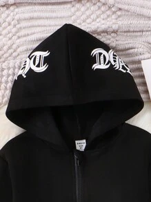 SHEIN Tween Girl 1pc Graphic Print Zip Up Hooded Jacket - Black - View 3