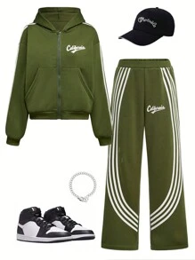 青少年男孩休闲格子印花舒适长袖连帽衫和裤子套装 - 軍綠色 - 查看 1