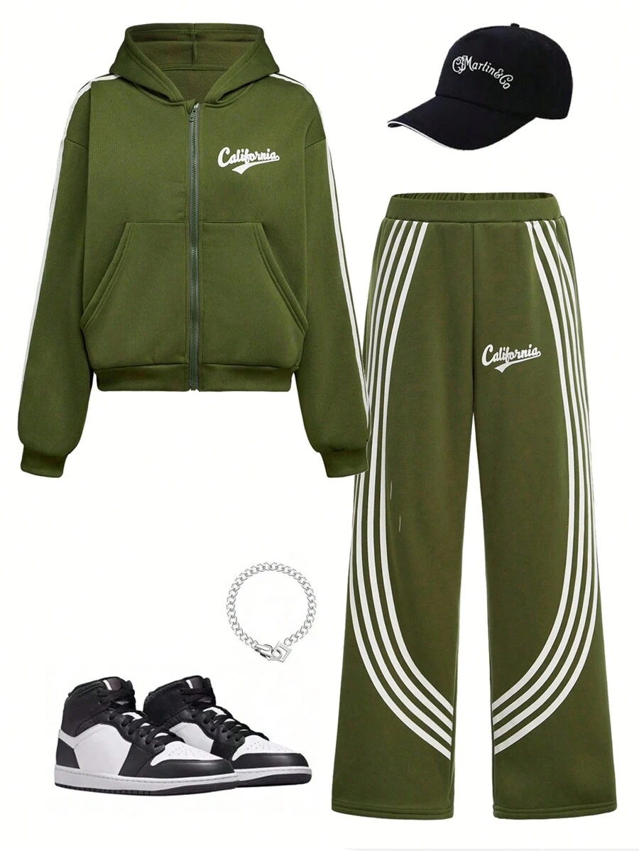 青少年男孩休闲格子印花舒适长袖连帽衫和裤子套装 - 軍綠色 - 查看 1