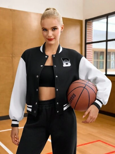 Cheerettes Women's Solid Color Patchwork Front Button Long Sleeve Simple Casual Baseball Sport Baseball Jacket