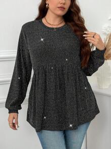 SHEIN LUNE Plus Size Round Neck Long Sleeve Pleated Casual T-Shirt, Minimalist Style Holiday Winter For Women - Black - View 1