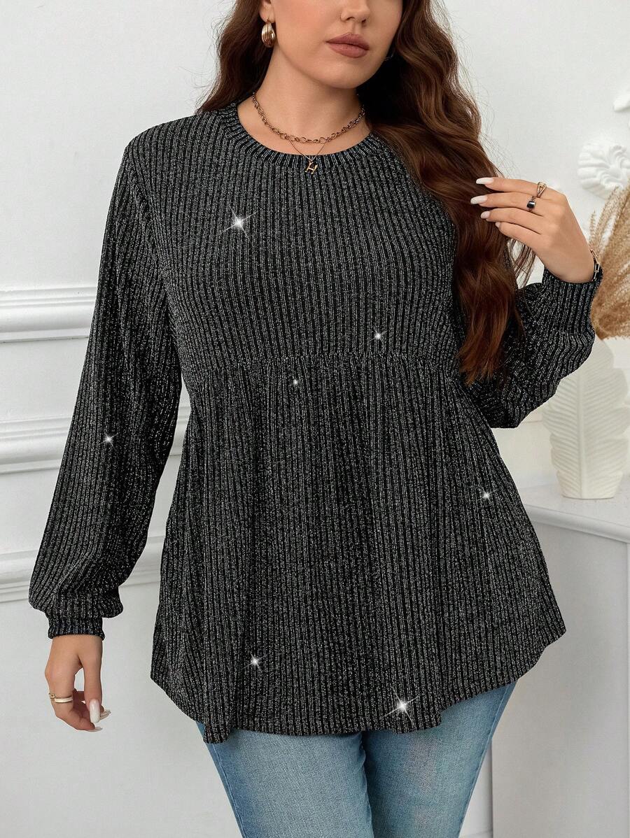 SHEIN LUNE Plus Size Round Neck Long Sleeve Pleated Casual T-Shirt, Minimalist Style Holiday Winter For Women - Black - View 1