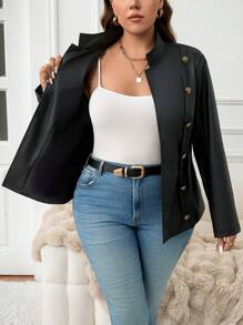 SHEIN LUNE Plus Size Women's Spring Autumn Suede Jacket With Metal Buttons, New Years Winter Holiday - Black - View 3