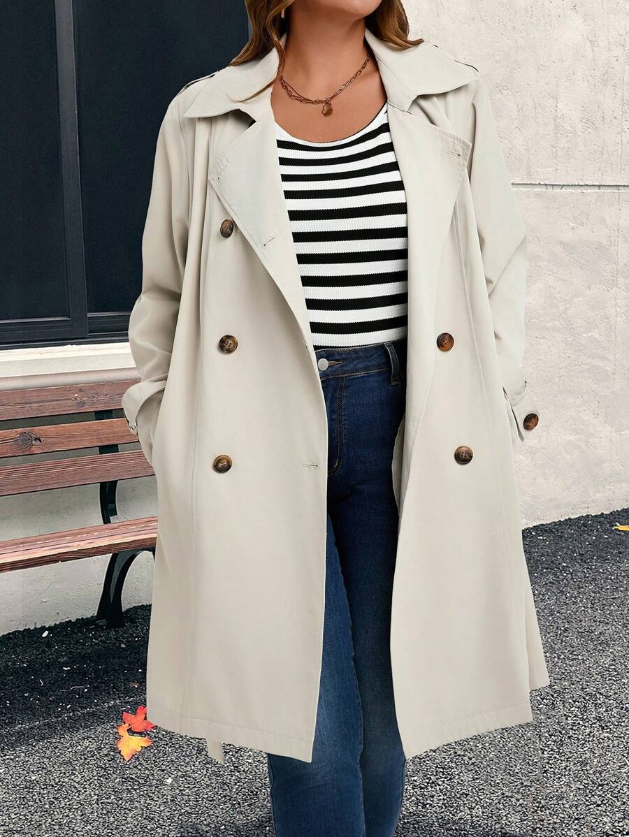 EMERY ROSE Plus Size Women Double-Breasted Adjustable Waist Belt Trench Coat ,Fall  Clothes - Apricot - View 1