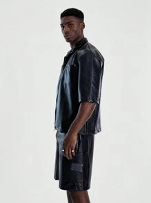 Musero Heren PU Zip Up Gestructureerd Shirt