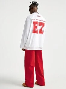 Manfinity VCAY Conjunto casual de camiseta de manga larga con cuello redondo y estampado de letras, y pantalones para hombre, otoño