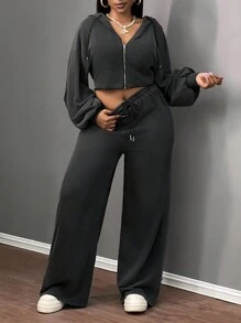 Slaydiva 2024 New Casual Streetwear Daily All-Match Comfortable Thermal Lined Hooded Loose Pullover Top And Pants 2 Pieces Set For Women