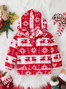 Áo nỉ Giáng sinh cho bé trai, họa tiết hoạt hình dễ thương hình bông tuyết và hươu, lớp lót nhung, mùa đông ấm áp, màu đỏ và trắng, phong cách Giáng sinh, giản dị, ấm cúng, phù hợp với gia đình - Nhiều màu - Xem 1