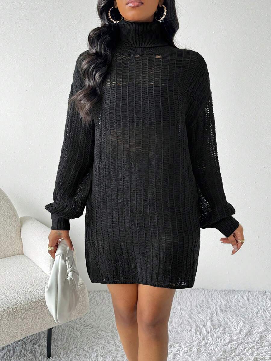 SHEIN Lady 女士纯色蝙蝠袖长袖镂空宽松直筒休闲针织毛衣连衣裙，秋冬 - 黑色 - 查看 1