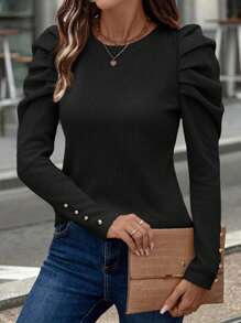 SHEIN LUNE Women Casual Ruffle Shoulder Design Long Sleeve Top, Autumn/Winter - Black - View 3