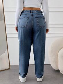 SHEIN Cottnline 100% 纯棉高腰妈妈版牛仔裤 - 深色水洗藍 - 查看 2