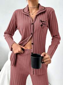 SHEIN Cottnline 2pcs/Set Contrast Color Trim Slogan Print Ribbed Pajama Set - Rose Red - View 5