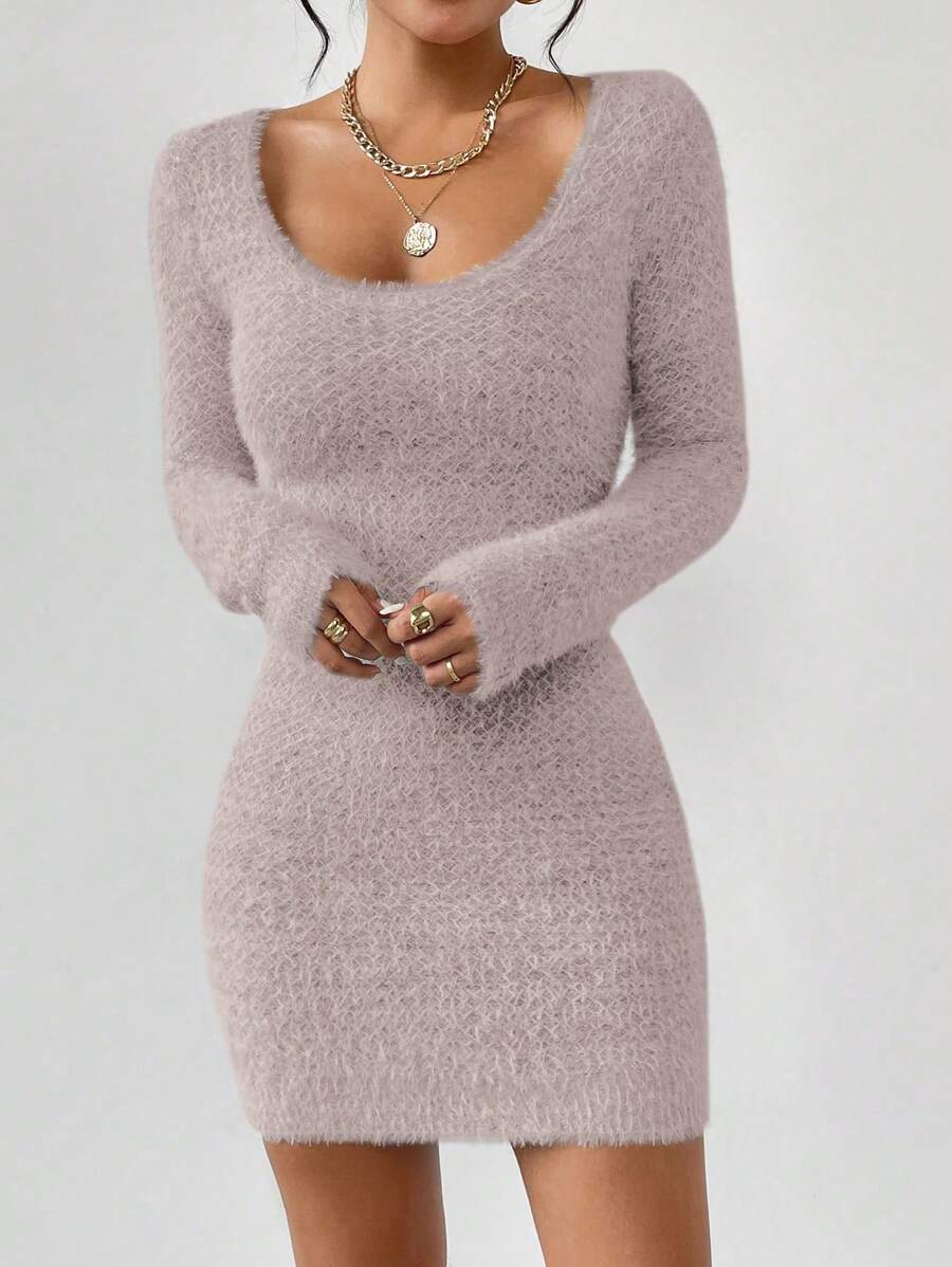 Chiquease Solid Color Fleece Round Neck Elegant Long Sleeve Sweater Dress