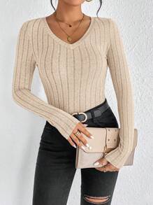 SHEIN Frenchy Camiseta básica de manga larga con cuello en V acanalado de color sólido sencillo para otoño