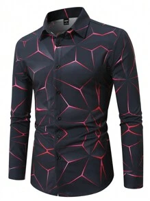 Manfinity Homme 男士休闲日常全身印花纽扣长袖衬衫，秋季 - 彩色 - 查看 3