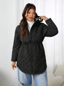 SHEIN EZwear Plus Size Women Cold Weather Thermal Quilted Black Jacket, Fall Outerwear - Black - View 4