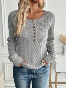 SHEIN LUNE Casual Buttoned Embroidery Decor Comfortable Women Solid Color Pullover Sweater Knit Pullover Fall Winter Outfit