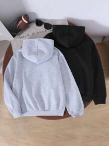 SHEIN 2pcs Tween Girls Casual Cute Daily Comfortable Simple Knit Black & Gray Hooded Long Sleeve, Suitable For Outings, School, Daily Gatherings, Autumn/Winter Season