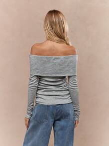 MISSGUIDED Off Shoulder Long Sleeve Ruched Sweater Top Winter Fall Casual Pullover Folded Neckline Slim Fit Cozy Knit Blouse Evening Streetwear