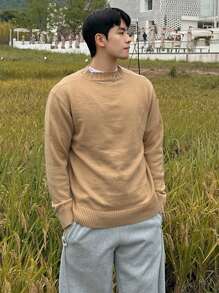 DAZY Suéter casual solto de manga longa e gola redonda, cor sólida, para homens, ideal para férias - Caramelo - Visão 5