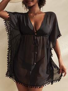 SHEIN Swim Vestido de playa de verano para mujer de unicolor con nudo delantero y decoración de pompones