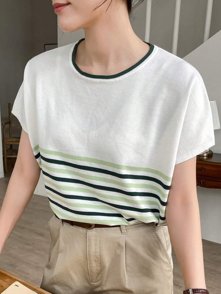 Women's Contrast Color Striped Crew Neck Knit Sweater,Fall Clothes