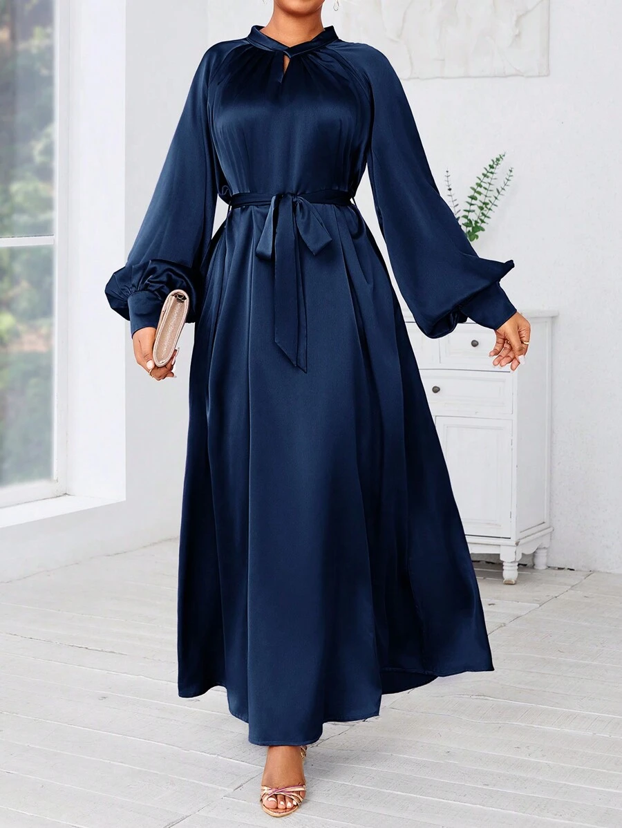 SHEIN Lady 大码女士优雅紫色通勤连衣裙,秋季长款正式晚礼服秋季女士服装秋季连衣裙外出服装舞会礼服演唱会女士服装 - 藏蓝色 - 查看 1