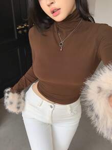 DAZY 豹纹蓬松拼接修身高领长袖 T 恤，女式秋季服装 - 棕色 - 查看 7