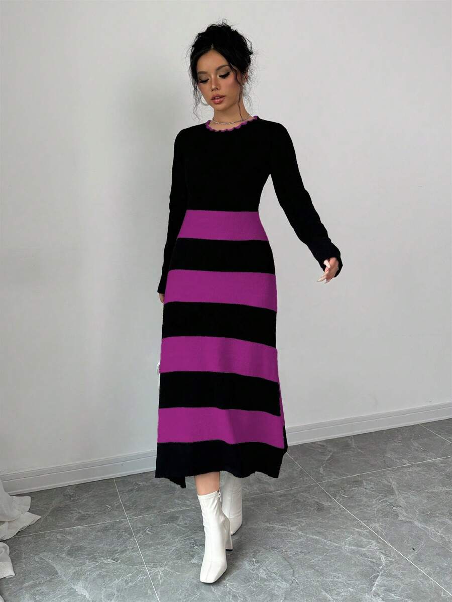 Elenzga Color Block Striped Knitted Sweater Dress - Lilac Purple - View 1