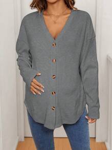 SHEIN 孕妇纯色落肩长袖单排扣休闲 T 恤，秋季 - 灰色 - 查看 5