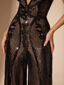 SHEIN BAE Tuta da donna con scollo a V profondo, gambe larghe, decorata con paillettes, adatta per feste - nero - Visualizzare 5