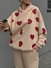 INAWLY 2 件套女士心形印花连帽长袖上衣和口袋裤休闲套装 - 卡其色 - 查看 3