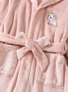 SHEIN Leap Crew Áo choàng hoodie dài tay thêu hình kỳ lân dễ thương cho bé gái có thắt lưng có thể tháo rời, túi đựng, vải nỉ mềm mại và ấm áp, phù hợp cho mùa thu/đông - Màu Hồng baby - Xem 4