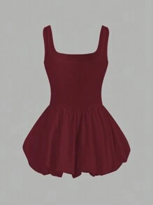 SHEIN ICON Women's Summer Solid Color Cinched Waist Lantern Hem Camisole Dress - Burgundy - View 4