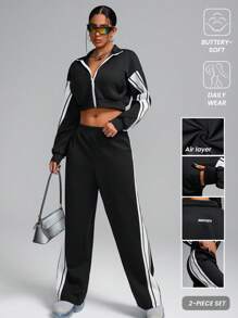 Innovista Loose Fit Air Layer Knitted Zip-Up Zip Up Colorblock Sets, 2pcs, Cropped Jacket, Splicing Design Sports Jogger, Sweatpants, Casual & Daily Tracksuit, Jersey, Winter Women Clothes, Fall Winter Women Outfit,Tracksuit