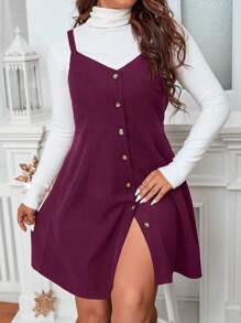 Calvaya 大码女式纯色单排扣休闲吊带连衣裙 - 紫色 - 查看 1