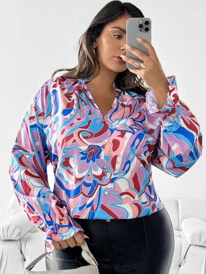 SHEIN Clasi 大码秋季休闲满版印花荷叶边长袖衬衫